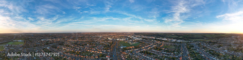 Ultra Wide Angle Panoramic View of Residential District of Northern Luton City of England UK During Eid Day. The Aerial Footage Was Captured with Drone's Camera During Cloudy Day of March 31th, 2025