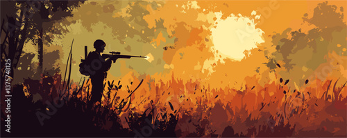 Silhouette of soldier amidst fiery sunset in grassland with rifle vector.