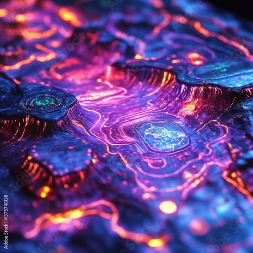 Abstract Colorful Digital Landscape with Glowing Patterns and Lines