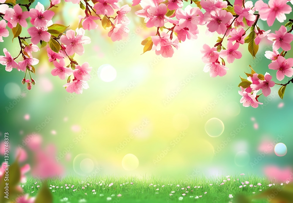 Blooming Pink Cherry Blossoms, Green Grass, Soft Bokeh, Springtime, Natural Backdrop Blooming Pink Cherry Blossoms, Green Grass, Soft Bokeh, Springtime, Natural Backdrop