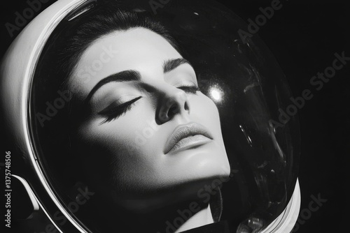 A model is portrayed as a spacefaring astronaut in a 1950s atomic age illustration, donning a futuristic space suit and helmet in anticipation of groundbreaking travel to the moon and beyond