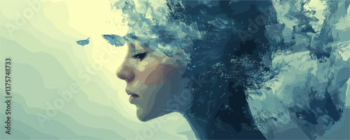 Dreamy profile of woman with artistic feather elements in soft blues and whites - vector.