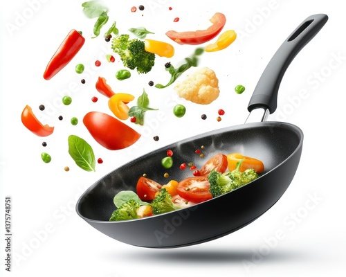 Vegetables Tossing in Frying Pan Fresh Ingredients Cooking Healthy Food
