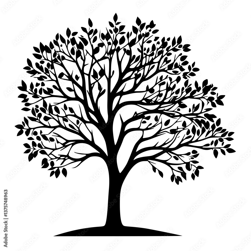 Fototapeta premium Black silhouette of a tree with leaves on a white background 