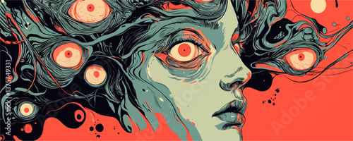 Surreal portrait of a woman with eye hair on a vibrant background - vector.