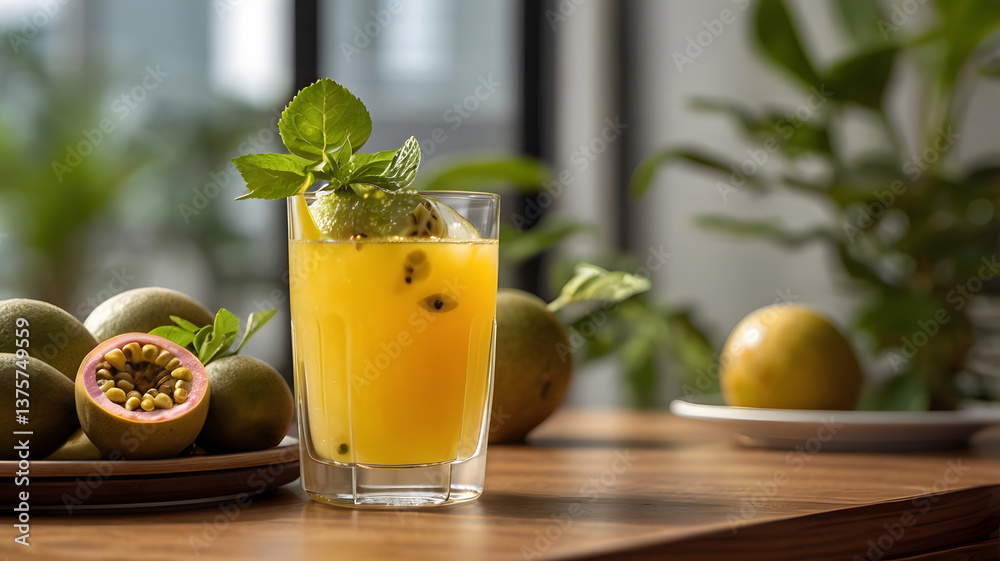 Fototapeta premium Refreshing Passion Fruit Cooler – Golden-Yellow Tropical Juice with Ice Cubes, Served in a Tall Glass, Perfect for Summer Refreshment and Exotic Flavor