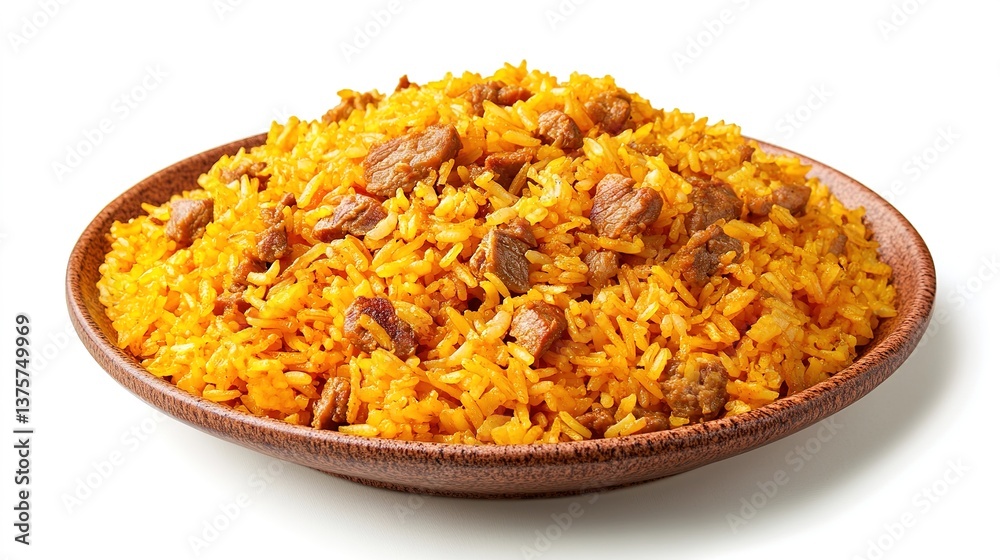 Aromatic plov dish with saffron rice and meat azerbaijan food photography vibrant kitchen close-up view Aromatic plov dish with saffron rice and meat azerbaijan food photography vibrant kitchen close-up view