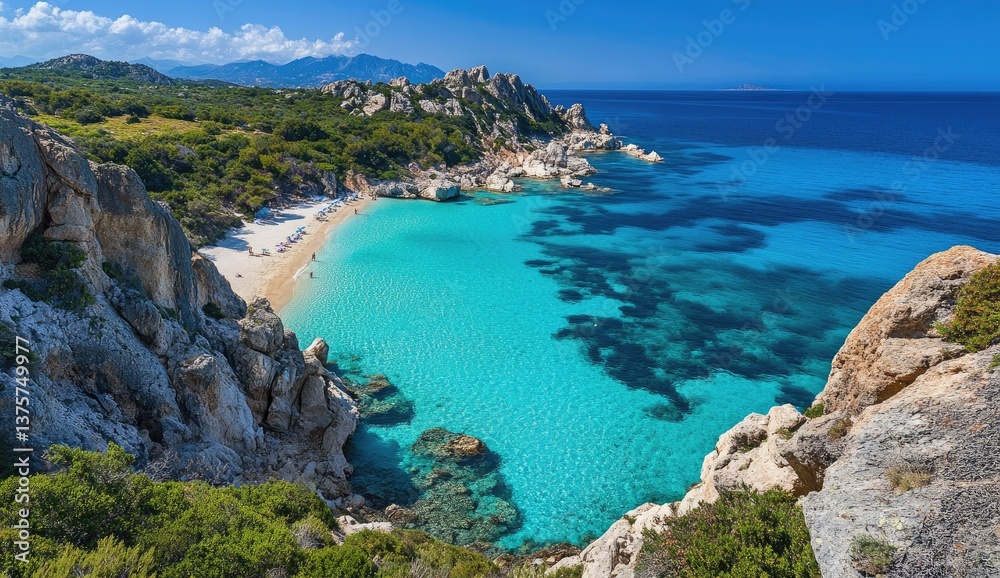 Stunning turquoise cove, rocky coastline, sunny beach Stunning turquoise cove, rocky coastline, sunny beach