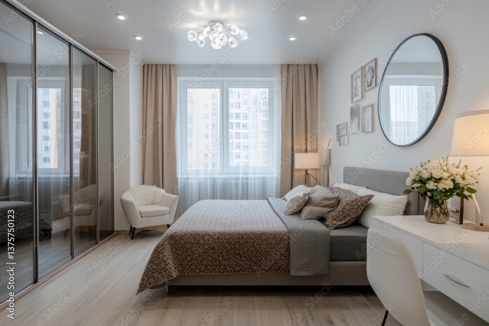 Fototapeta premium Modern Bedroom Interior with Bed, Wardrobe, Desk, and Neutral Decor