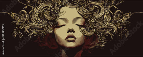 Surreal floral woman with ornate hair design, eyes closed - vector.
