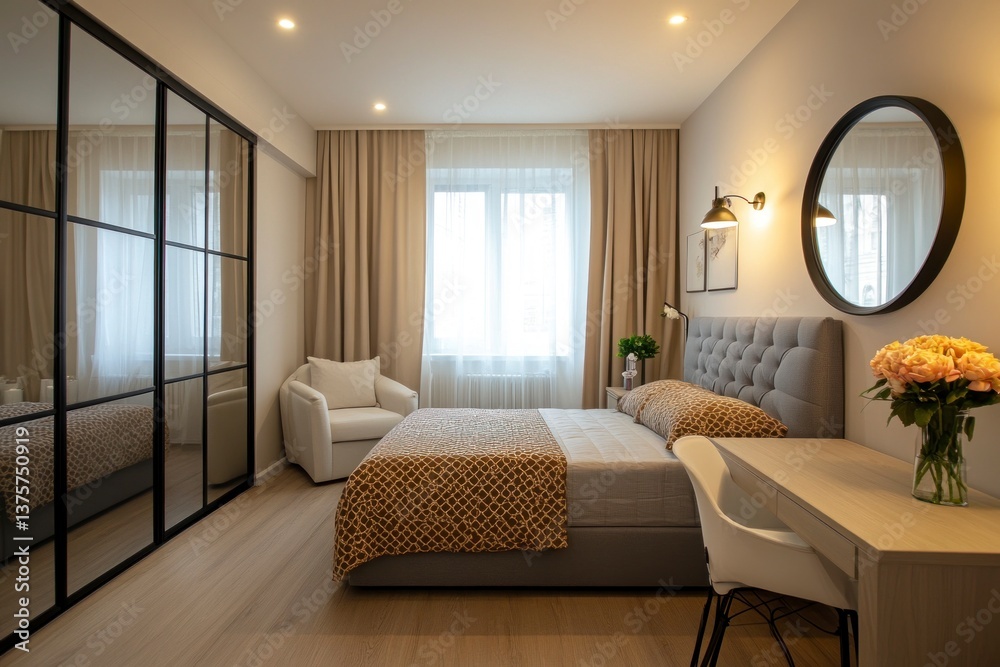 Fototapeta premium Cozy Bedroom Interior with Bed Desk Chair and Wardrobe with Mirror