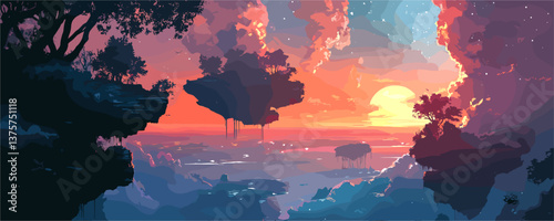 Surreal floating islands at sunset with dramatic clouds and silhouetted trees - vector.