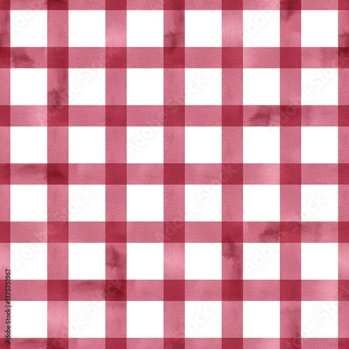 Hand painted illustration watercolor red stripes on white background. Checkered seamless pattern. Plaid material. For fabric, sketchbook, wallpaper, wrapping paper, bags, cards, banner, cotton