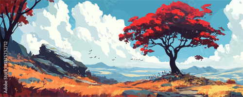 Vibrant landscape with red tree and rolling hills under blue sky – vector.