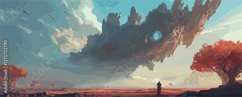 Surreal landscape with floating rock formation and lone traveler under blue sky - vector.