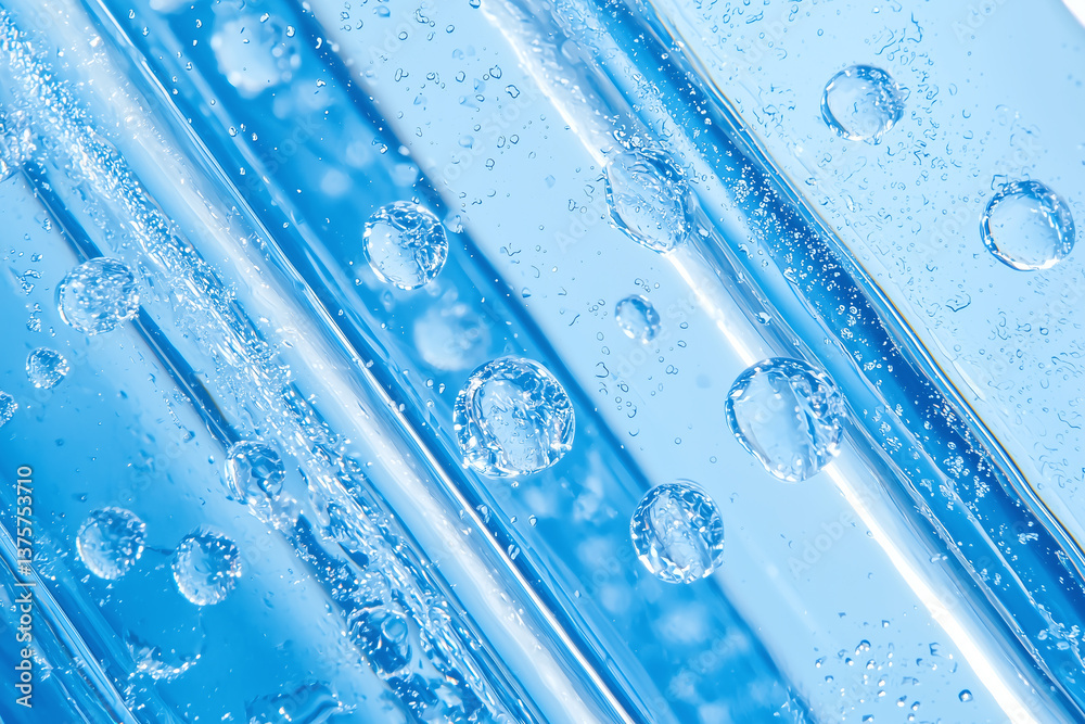 Bubbles in clear water create refreshing and uplifting atmosphere, showcasing beauty of liquid movement and light. vibrant blue background enhances visual appeal