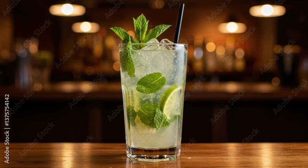 Refreshing mojito cocktail with fresh mint and lime served in a lively bar setting