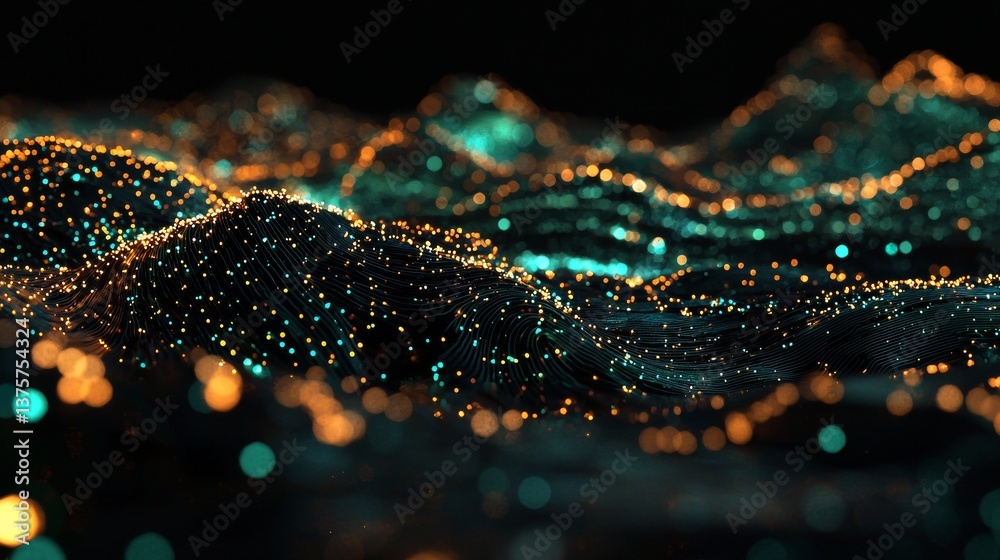 A dynamic, futuristic design featuring an abstract digital wave with a bokeh effect and radiant golden lights, predominantly in teal and gold hues, ideal for technology-based themes A dynamic, futuristic design featuring an abstract digital wave with a bokeh effect and radiant golden lights, predominantly in teal and gold hues, ideal for technology-based themes