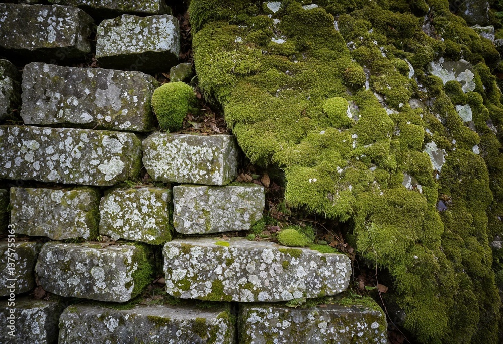 A pile of rocks covered in green moss and lichen. A pile of rocks covered in green moss and lichen.