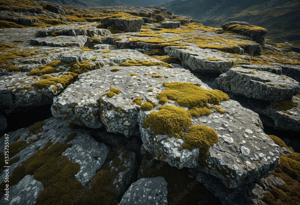 A rocky landscape covered in yellow lichen and moss. A rocky landscape covered in yellow lichen and moss.