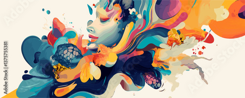 Abstract artistic face in colorful swirls and shapes - digital art vector.