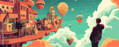 Dreamy floating city and hot air balloons in cloudy sky, adventure landscape - vector.
