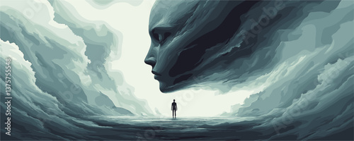 Surreal giant face over lone figure in dramatic cloudscape, dreamlike imagery - vector.