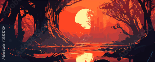 Enchanted forest with majestic sunlit castle and river at sunset - vector.