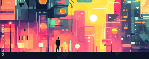 Futuristic cityscape with silhouetted figure in vibrant abstract environment – vector.