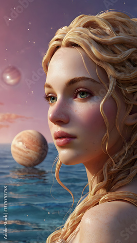 A portrait of a woman in a planet background