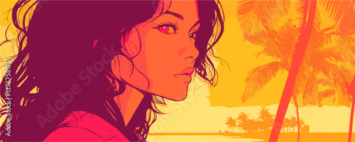 Tropical sunset portrait of woman by the beach with palm trees – vector.