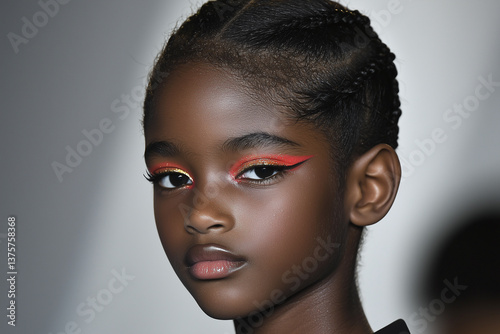 Close up of young model with striking makeup and braided hair, showcasing bold eyeliner and confident expression. image captures beauty and artistry in fashion
