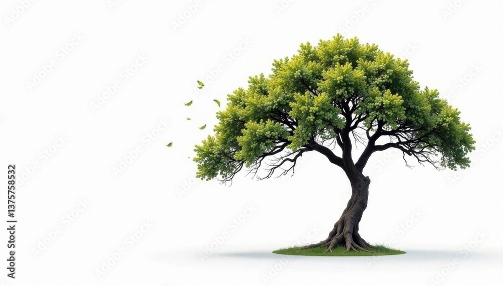 Obraz premium A solitary tree with a sprawling branch and a few scattered leaves on a white background, tree, trees, branch