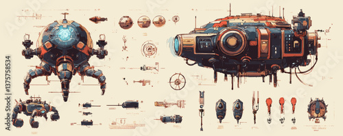 Futuristic mechanical spaceships with technical schematics and parts layout - vector.