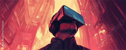 Futuristic urban scene with man wearing vr headset in neon cityscape - vector.