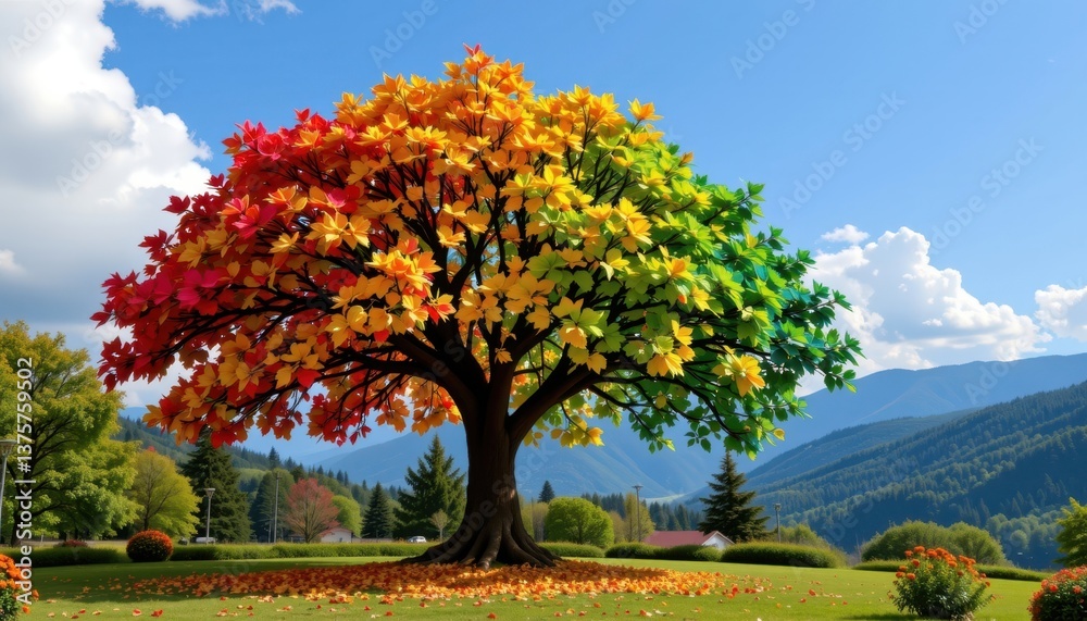 Obraz premium Rainbow Canopy Create a tree with a canopy made of multicolored leaves resembling a rainbow, set against a serene backdrop.