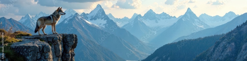 Mountain landscape with a wolf standing on a cliff edge, rocky terrain, wolf