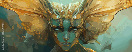Mystical creature with majestic gold headpiece in fantasy art - vector.