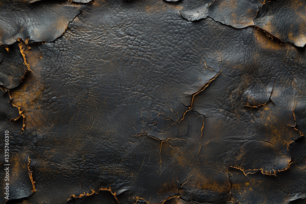 Burned leather surface with charred edges, showcasing deep textures and cracks. dark tones and intricate patterns evoke sense of ruggedness and history
