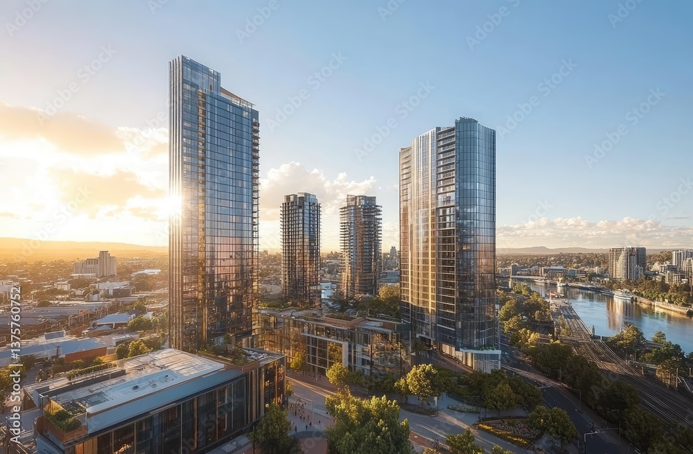 Obraz premium Aerial view of the city skyline with modern skyscrapers and a river