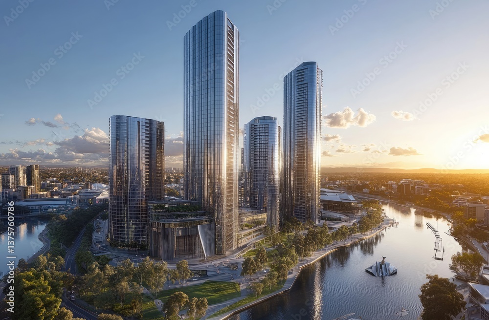 Fototapeta premium Aerial view of the city skyline with modern skyscrapers and a river