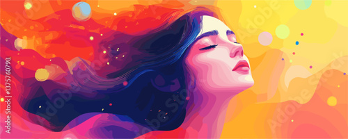 Colorful portrait of a woman with flowing hair in a dreamy abstract background vector.
