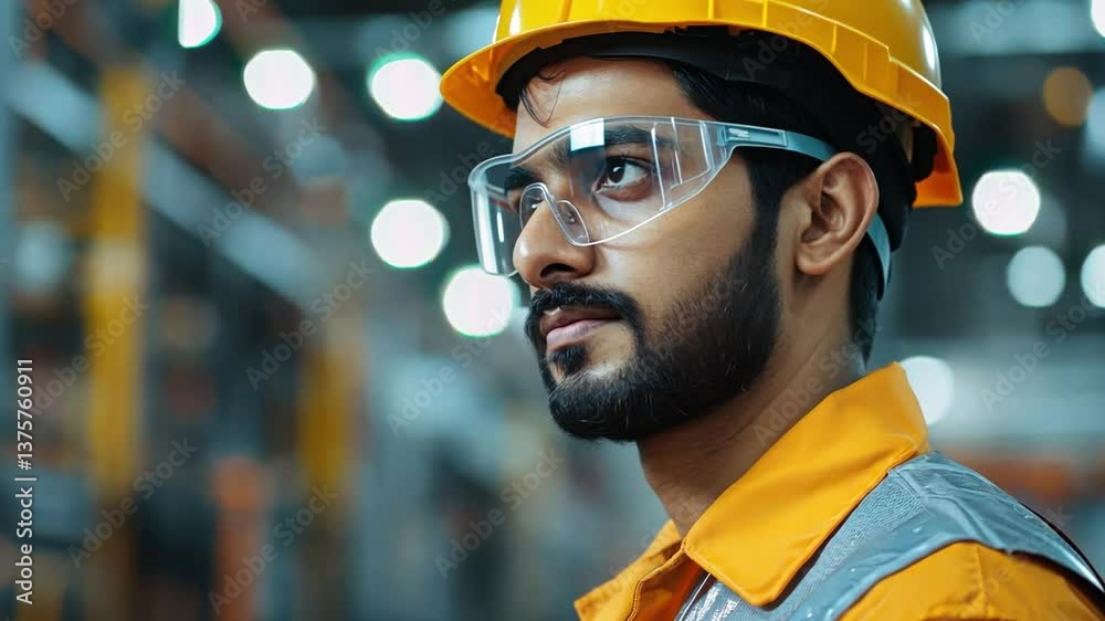 Indian engineer inspecting a manufacturing process, wearing a protective helmet and safety vest. Indian engineer inspecting a manufacturing process, wearing a protective helmet and safety vest.