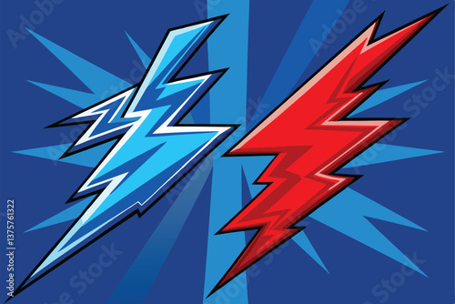 A vector lightning bolt illustration, isolated, strikes against a sky-blue backdrop reminiscent of the Union Jack's patriotic design.