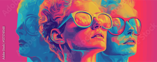 Vibrant retro sunglasses portrait with neon colors and artistic flair – vector.