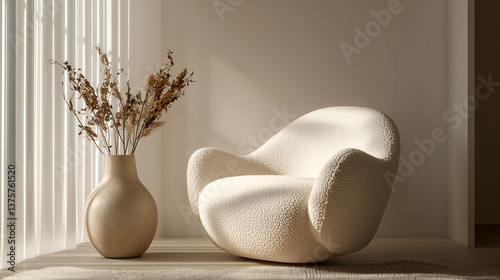 Minimalist Interior: Creamy White Armchair with Vase