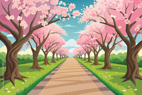 Pink cherry blossoms frame a sunlit park path in spring