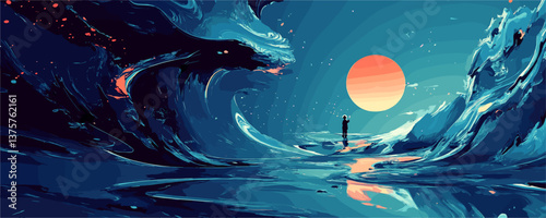 Surreal ocean wave with sunset and lone figure in blue and orange tones, dreamlike scene vector.