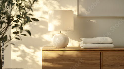 Modern bedroom interior with bedside lamp, wooden dresser, soft sunlight, and folded blankets.
