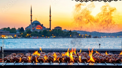 Grill with meat, overlooking a mosque and the sea at sunset. Vibrant colors